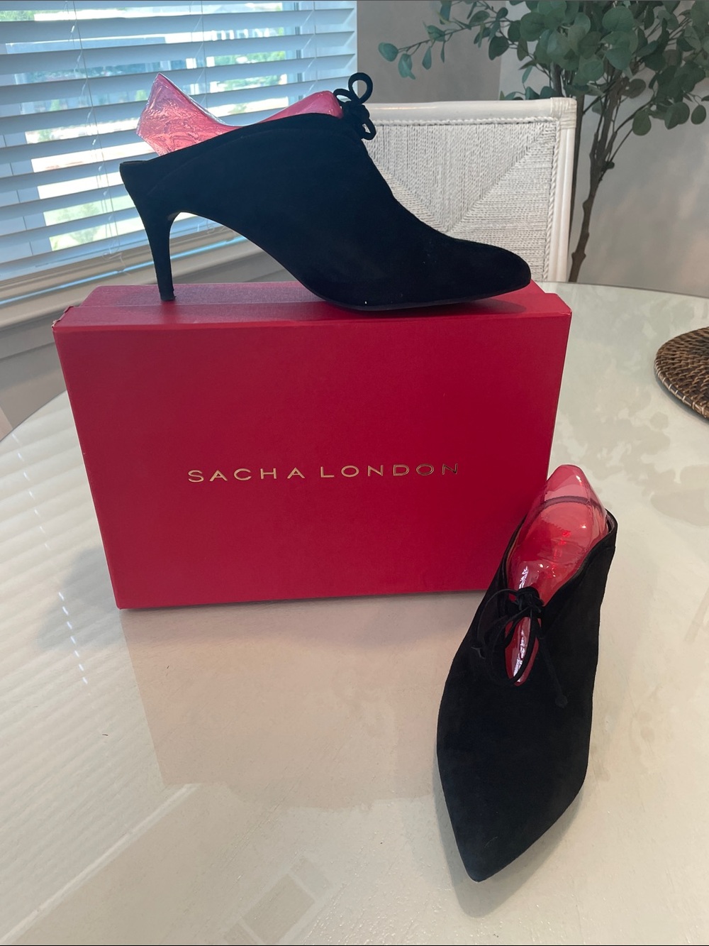 Sacha London Black Suede Pointed Lace-Up Mule Booties with Red Lining